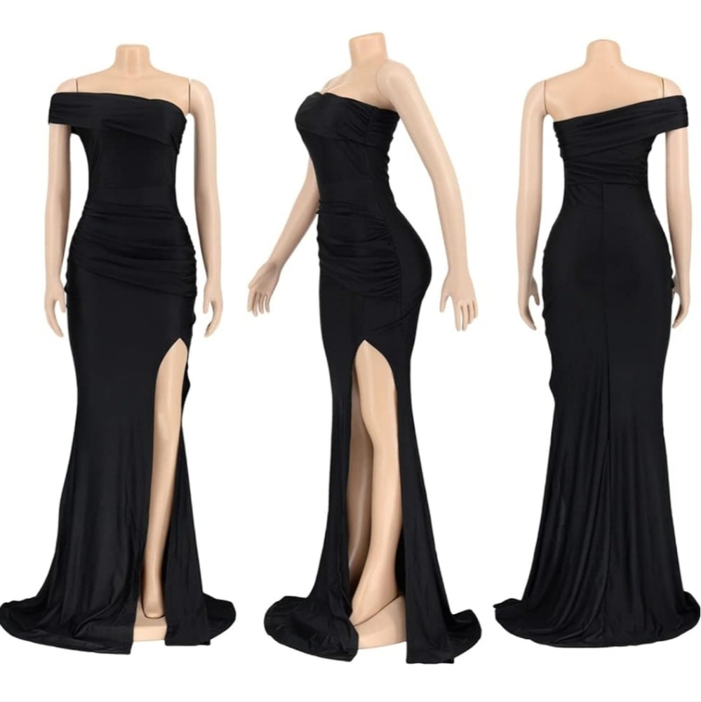 Elegant Black Off-Shoulder Evening Gown With High Split - Picture 5 of 7